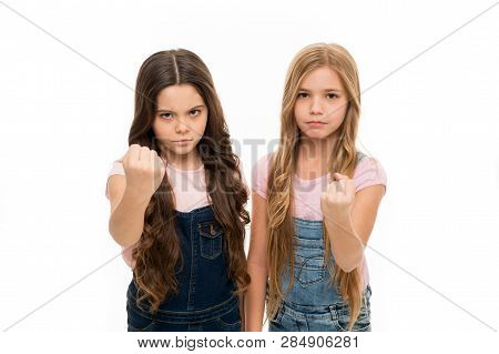 Siblings Relations. Sisterhood Goals. Sisters Little Kids Isolated White Background. Sisterly Relati