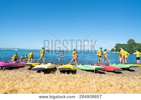 Mount Maunganui New Zealand - February 10 2019:  Children Developing Water Confidence And Skills By 