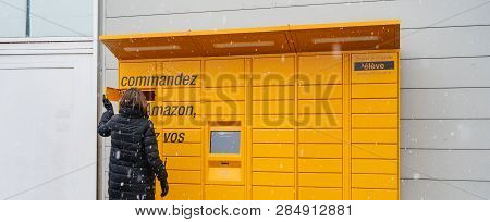 Strasbourg, France - Feb 8, 2018: Wide Image Using Amazon Locker The Self-service Parcel Delivery Se