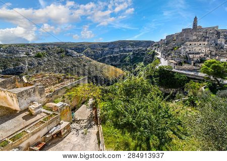 View Of The Ancient City Of Matera, Italy In The Basilicata Region, Including The Old Town, Tourist 