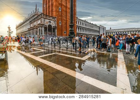Venice, Italy - September 16 2018: The San Marcos Or St Mark Square In Venice, Italy, After A High W