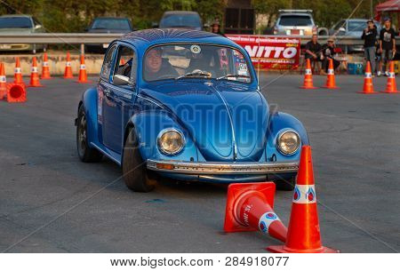 Bangkok, Thailand - February 9, 2019: Volkswagen Beetle Driver Race Gymkhana In Volkswagen Club Meet