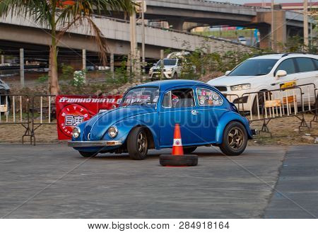 Bangkok, Thailand - February 9, 2019: Volkswagen Beetle Driver Race Gymkhana In Volkswagen Club Meet