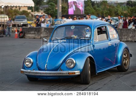 Bangkok, Thailand - February 9, 2019: Volkswagen Beetle Driver Race Gymkhana In Volkswagen Club Meet