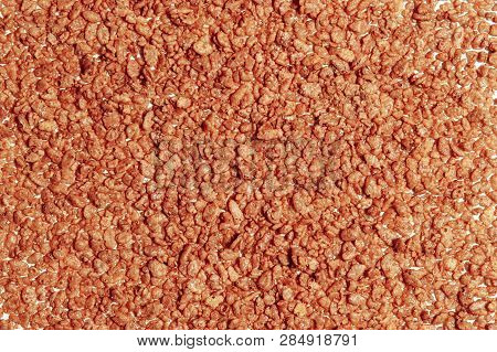 Chocolate Rice Cereal Breakfast Background. Texture Of Chocolate Cornflakes. Flat Lay, Top View