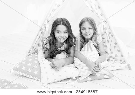 Sisters Or Best Friends Spend Time Together Lay In Tipi House. Girls Having Fun Tipi House. Girlish 