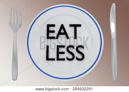 3d Illustration Of Eat Less Title On A Pale Green Plate, Along With Silver Knif And Fork, On A Blue 