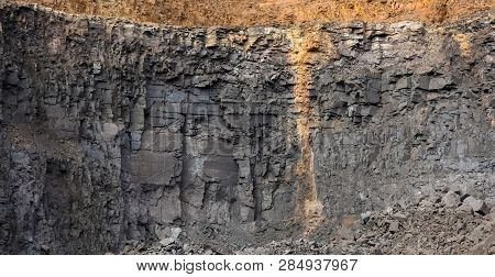 Open Pit Manganese Mining, Sedimentary Rock Layers Showing Drill Holes And Deposits