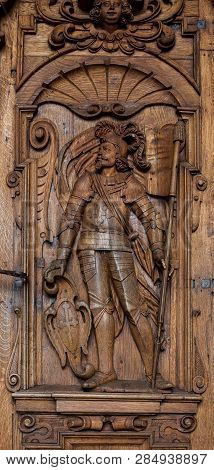 Luzern, Switzerland - April 16: Knight On The Wooden Door At Hofkirche St. Leodegar On April 16, 201
