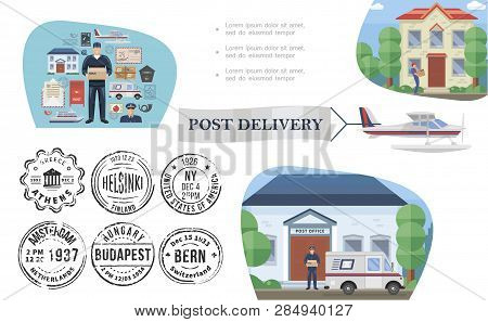 Flat Post Service Concept With Postman Mail Stamps Postbox Van Float Plane Post Office Envelope Cour