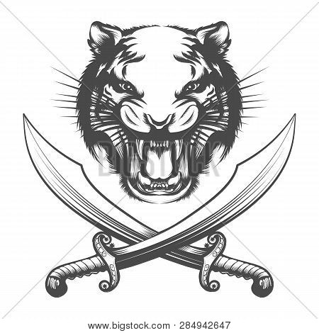 Face Of Tiger And Two Arabian Swords Isolated On White Background