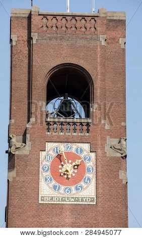 Clock Tower Of The Beurs Van Berlage - A Historical Building On The Damrak, In The Centre Of Amsterd