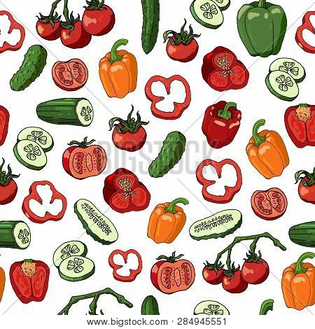 Seamless Pattern With Tomatoes, Cucumbers And Bell Peppers. Endless Pattern With Different Vegetable