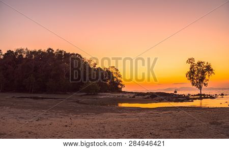 Sunset At Kwang Island. Kwang Island Is In The Middle Of Kwang Beach Krabi Thailand.when Low Tide Ca