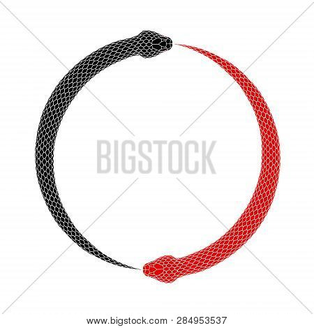 Ouroboros Symbol Tattoo Design. Two Snakes Bite Their Tails. Vector Ancient Sign With Red And Black 