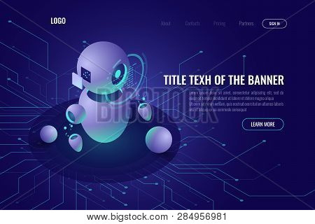 Robotics Technology, Machine Education And Artificial Intelligence Ai Isometric Icon, Data Processin