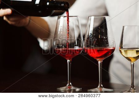 Sommelier Pouring Different Types Of Fine Wine