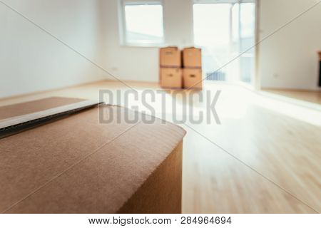 Move. Cardboard, Boxes For Moving Into A New, Clean And Bright Home