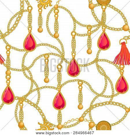 Realistic Chains, Scrolls, Jewels And Other Decorative Elements On White Background. Vintage Design 