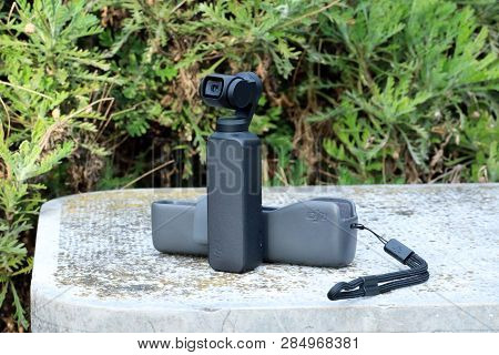 Roquebrune-cap-martin, France - February 18, 2019: Close Up View Dji Osmo Pocket Gimbal Camera, The 