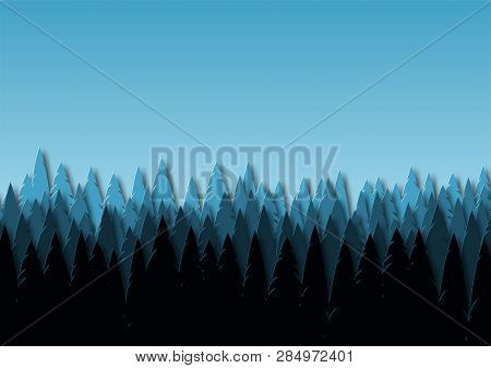 Landscape With Spruce Forest At Dusk. Snowy Trees In A Park Or Forest. Design In The Style Of Paper 