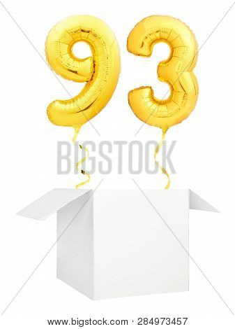 Golden Number Ninety Three Inflatable Balloon With Golden Ribbon Flying Out Of Blank White Box Isola