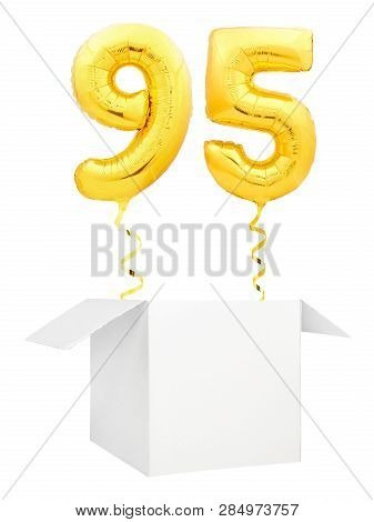 Golden Number Ninety Five Inflatable Balloon With Golden Ribbon Flying Out Of Blank White Box Isolat