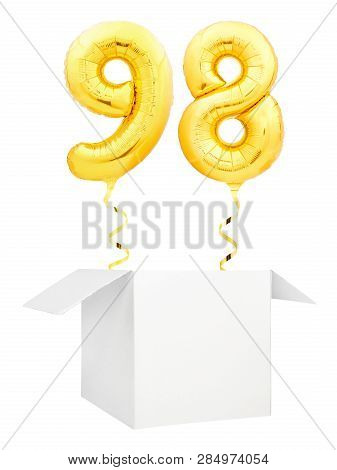 Golden Number Ninety Eight Inflatable Balloon With Golden Ribbon Flying Out Of Blank White Box Isola