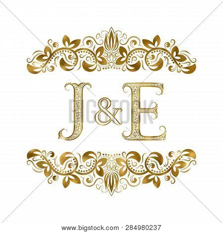 J And E Vintage Initials Logo Symbol. The Letters Are Surrounded By Ornamental Elements. Wedding Or 