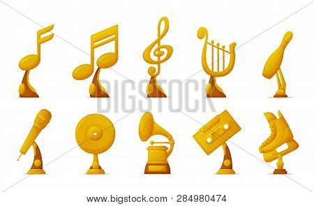 Music And Sport Awards Vector, Isolated Icons Of Cassette And Notes Set. Microphone And Harp Instrum