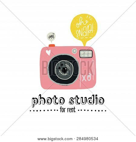 Cartoon Vector Illustration Of The Photo Camera With Hand Lettering Photo Studio For Rent And Speech