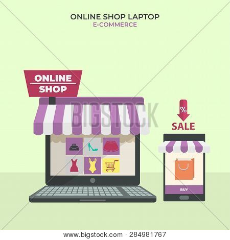 Sale, Shop Online Using Laptop. 3d Vector Isometric Illustration, Online Shop