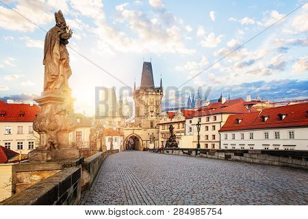 Lesser Town Bridge Tower And Charles Bridge In Prague, Czech Republic. Prague Panorama