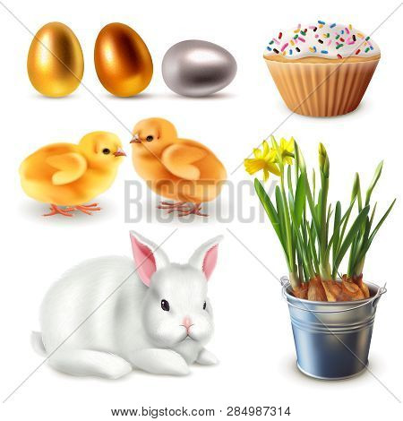 Easter Set Of Items. Rabbit, Daffodils, Eggs, Chickens, Cupcake