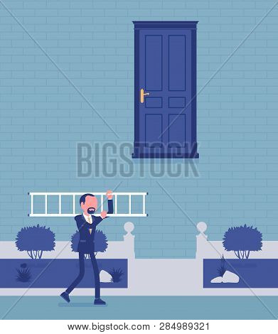 Goal Hard To Reach And Solution. Businessman Got Answer, A Ladder To Open Door, Takes Decision, Solv