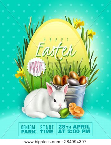 Banner With Easter Bunny And Big Egg With Flowers