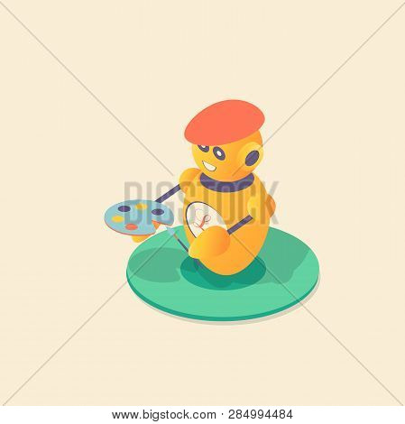 Robot Artist, 3d Set With Isometric. Web Development Concept. Mobile Application. Technology Concept