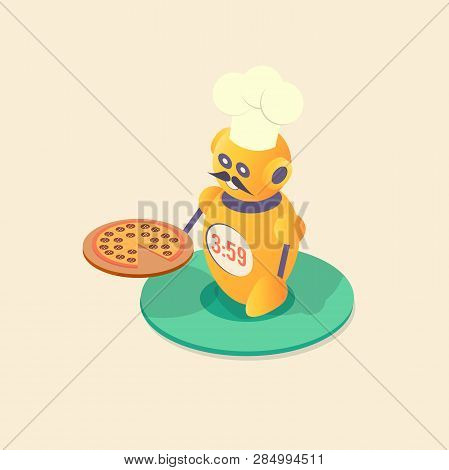 Robot Chef Making Pizza, 3d Illustration. Business Concept Illustration. Flat 3d Isometric Banner.
