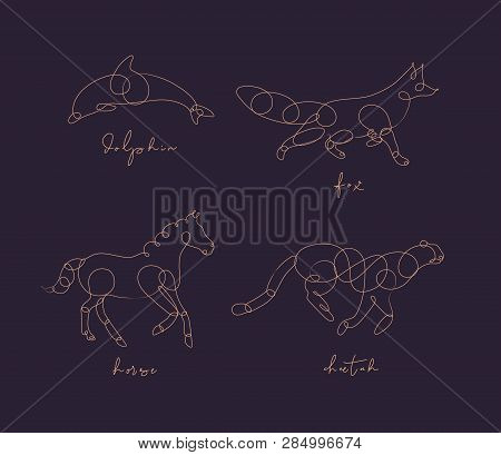 Set Of Animals Dolphin, Fox, Horse, Cheetah Drawing In Pen Line Style On Dark Background