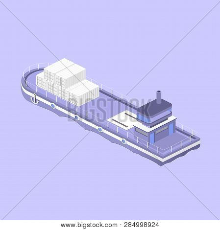 Website Template With Isometric Cargo Ship. Transport Company Landing Page Template. Cargo Ship Vect