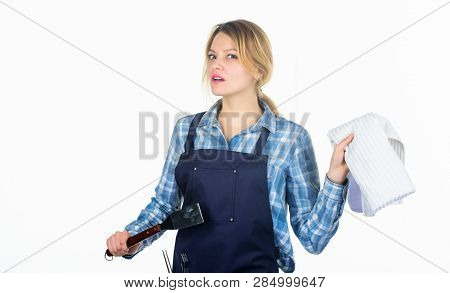 Woman Checkered Shirt And Apron For Cooking White Background. Cooking Meat At Low Temperature For Lo
