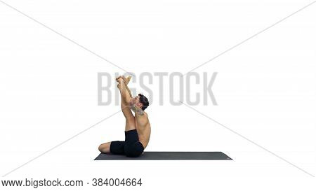 Male Yoga Teacher In Heron Pose Intense Hamstring Stretch Flexibility, Well Being Concepts On White 