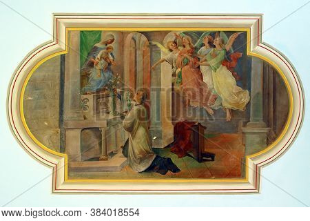 DONJA ZELINA, CROATIA - JUNE 26, 2013: Saint Aloysius Gonzaga, a fresco at Saint Nicholas Parish Church in Donja Zelina, Croatia