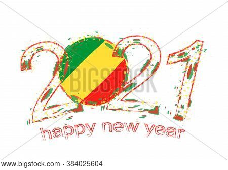 Happy New 2021 Year With Flag Of Congo. Holiday Grunge Vector Illustration.
