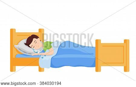 A Boy Sleeps In Bed With His Arms Around A Robot Toy. Cartoon Nice, Cute Character. The Child Smiles