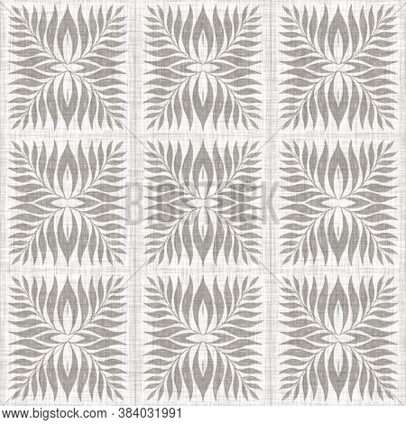 Natural Gray French Woven Linen Damask Texture Background. Old Ecru Flax Wave Motif Seamless Pattern