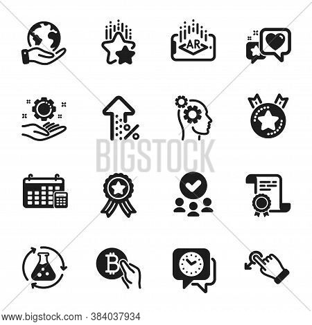 Set Of Technology Icons, Such As Increasing Percent, Heart. Certificate, Approved Group, Save Planet
