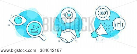 Pyramid Chart, Growth Chart And 360 Degrees Line Icons Set. Handshake Deal, Research And Promotion C