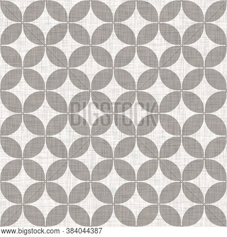 French Woven Linen Texture Geometric Shape Background. Old Ecru Flax Grey Geo Motif Seamless Pattern