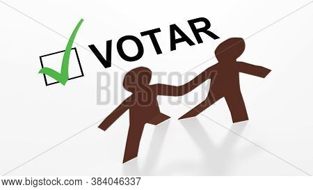 Two Paper People Of Color With The Spanish Word For Vote Checkbox And A Green Checkmark In A 3d Illu